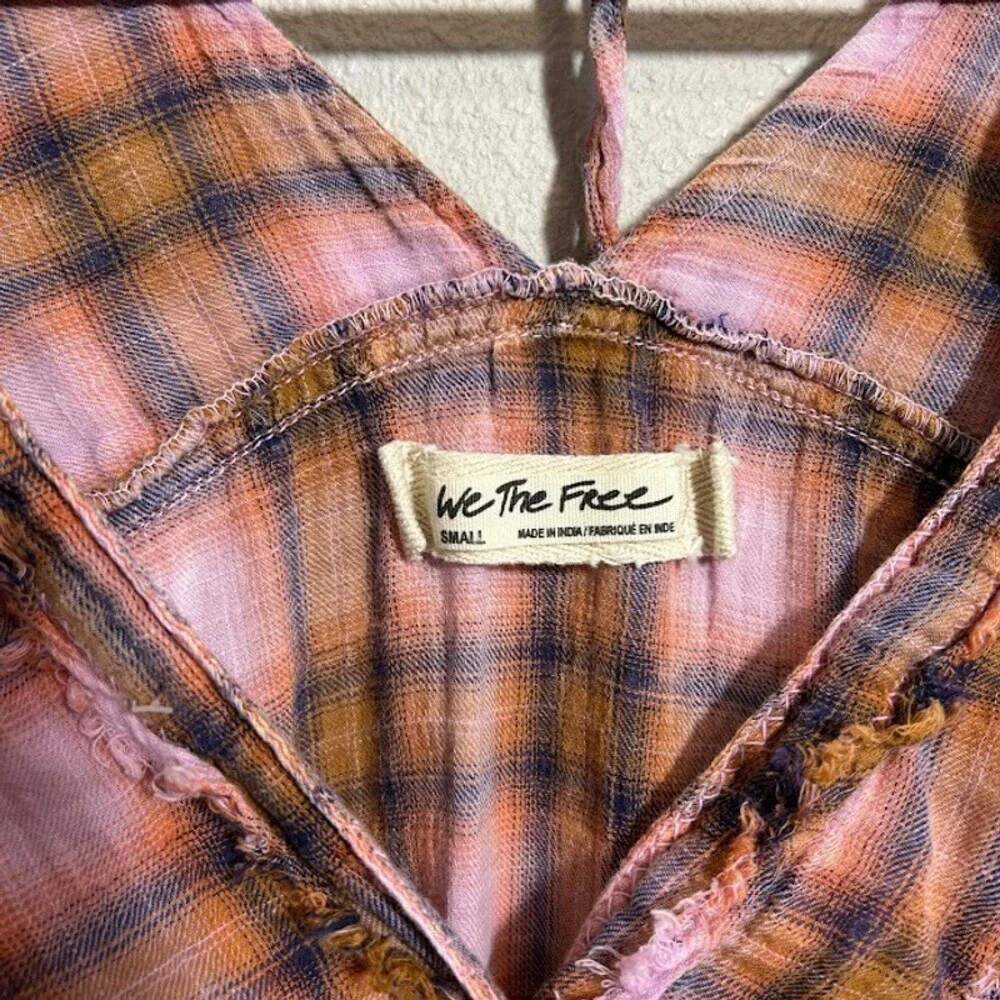 We The Free People One of the Boys Plaid Tunic Shirt S Pink Orange Boxy Popover - Picture 9 of 10